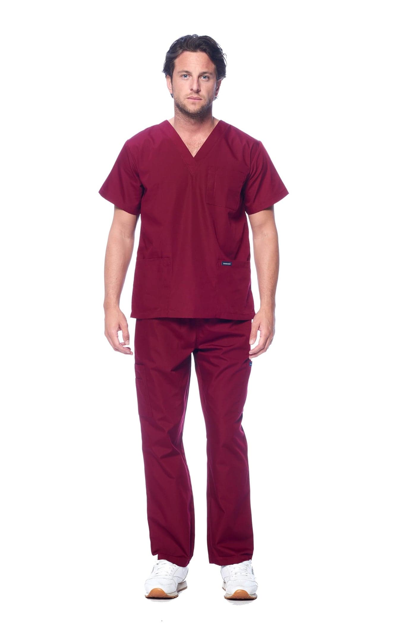 Dagacci Scrubs for Men Set VNeck Scrub Top and Cargo Pants 8 Pockets Men Scrubs Set XSmall Burgundy