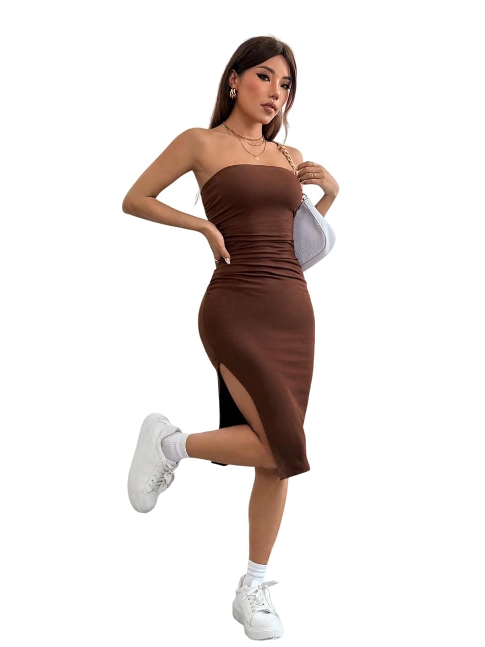 KATECLO Trendy Bodycon Dress for Women | Slim-Fit One-Piece for Girls | Stylish Body-Con Dress (in, Alpha, XS, Regular, Brown)