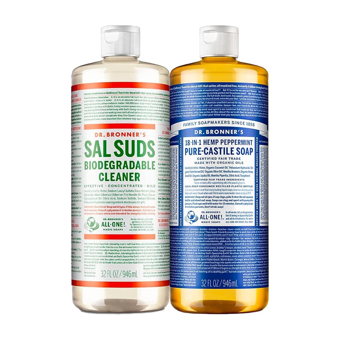 Dr Bronners Variety Pack PureCastile Liquid Soap Peppermint 32 oz Sal Suds Biodegradable Cleaner 32 oz Organic NonGMO Vegan CrueltyFree 2 Count