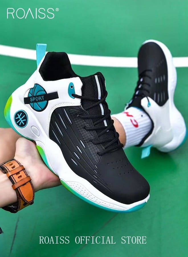 Men Stylish Sneakers, Versatile High Top Sneakers with Soft Lining, Lace up Non Slip Basketball Shoes, Shock Absorbing Athletic Shoes for Men, Suitable for Daily Wear and Outdoor Activities Black Green