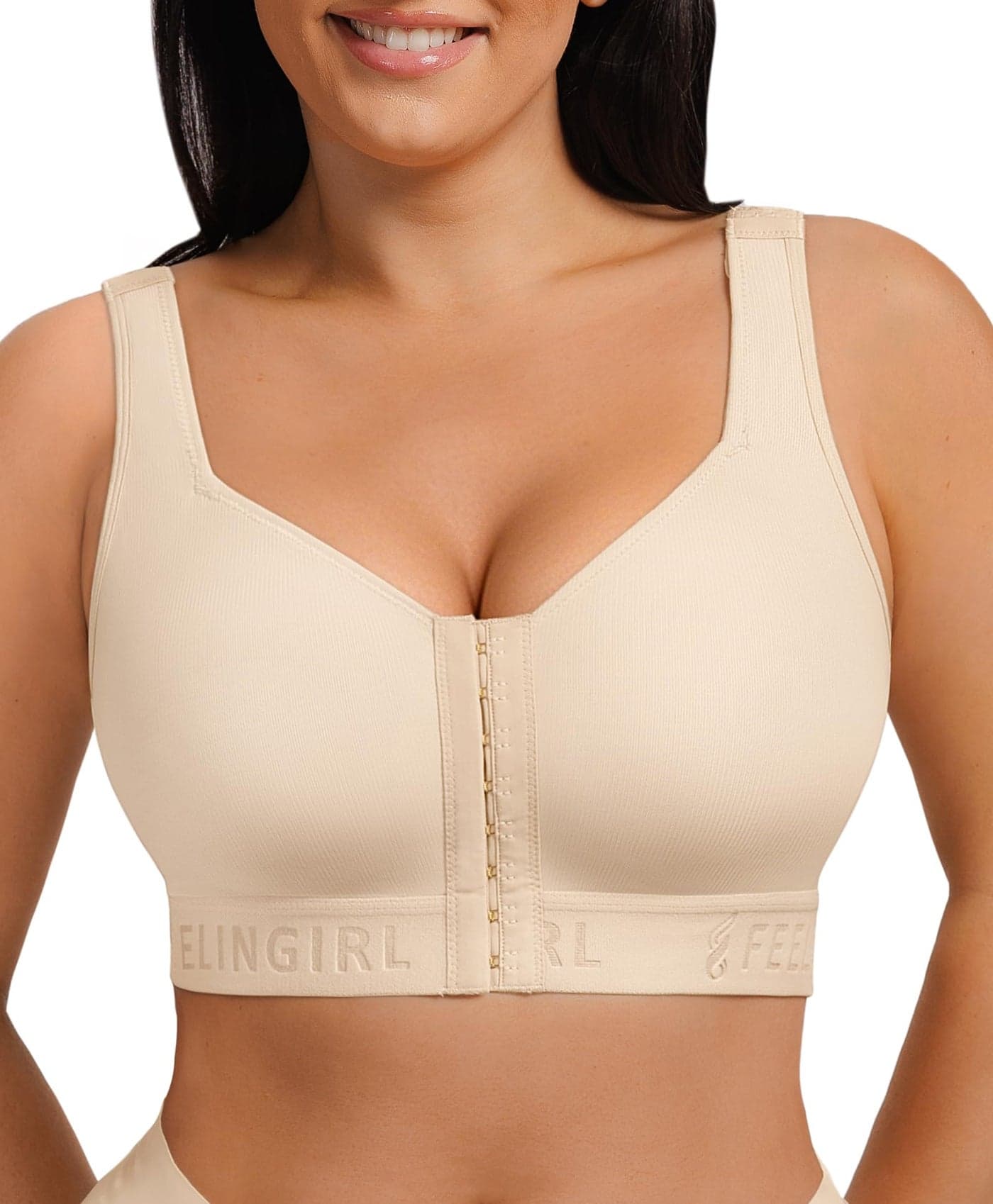 FeelinGirl Front Closure Bra for Women Post Surgery Mastectomy Recovery Wireless Comfort Bra with Adjustable Straps Beige M