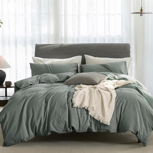 ELIMMO Duvet Cover Queen Size 100 Washed Cotton Linen Like Textured Ultra Soft Breathable HotelLike Bedding Set for All Season3 Pieces Green Queen
