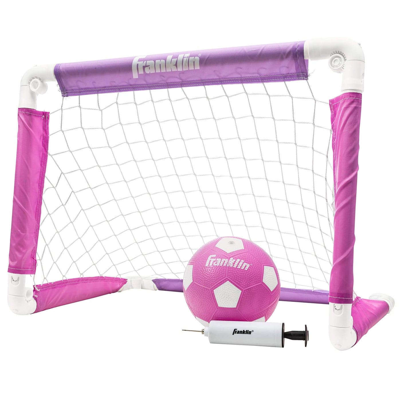 Franklin Sports Kids Soccer Goal with Ball and Pump 24inch x 16inch Folding Goal Great for Backyard or Indoor Play PinkPurple
