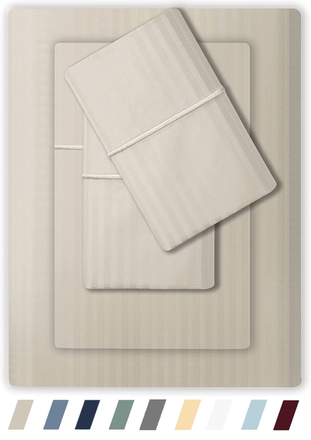 Feather Stitch 500 TC California King Size Damask Bed Sheet Set 100 Cotton Soft Breathable Bedsheets 4 Piece 18 Deep Pockets Sateen Weave Striped Bedding Mattress Resort Hotel Luxury Beige