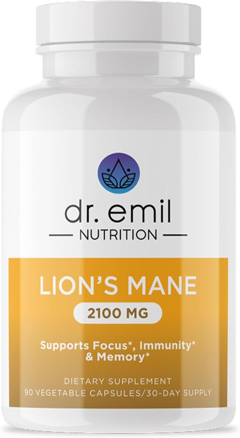DR EMIL NUTRITION 2100mg Organic Lions Mane Supplement Capsules Focus Mental Clarity Cognition Nootropic Lions Mane Mushroom Supplement with Organic Lions Mane