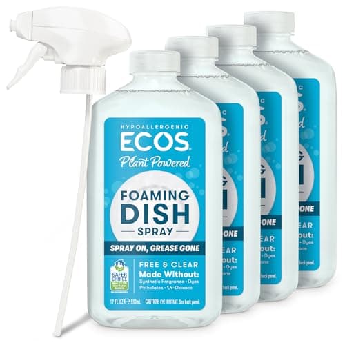 ECOS Foaming Dish Soap, Powerful Spray-On Formula, Saves Water, Wipe & Rinse Dish Cleaner - Hypoallergenic - Free & Clear, 17 Fl Oz (Pack of 4)