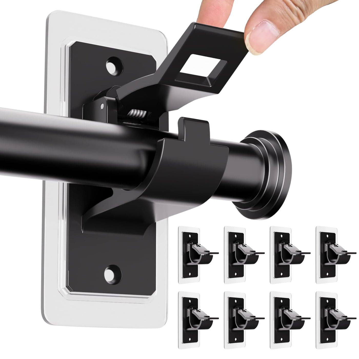 ANDGOO 8PCS No Drill Curtain Rod Bracket Self Adhesive Curtain Rod Holders No Hole Multipurpose Nail Free Curtain Rod Hooks for Bathroom Living Room Kitchen and Bedroom Black