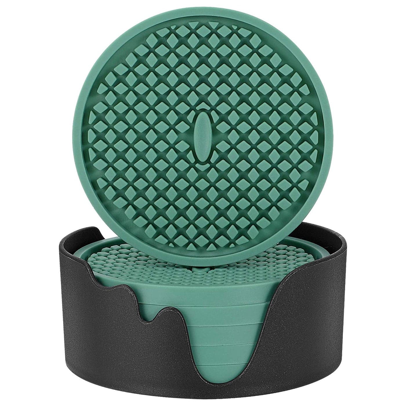 MEFAN Silicone Coasters 6 Pack Thickened Drink Coasters with Holder Cup Mat NonSlip Nonstick Stay Put Deep Tray Prevents Furniture and Tabletop DamagesTeal Blue