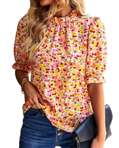 BTFBM Womens Summer Tops Boho Floral Blouses Frill Trim Mock Neck Puff Short Sleeve Shirts Dressy Casual Fall Top 2025(Floral Pink, Large)