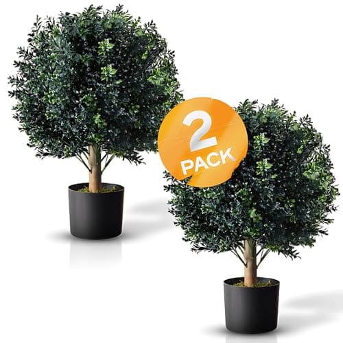BOTARO TRESIL Set of 2 - Pre-Potted 24" High Ball Shaped Boxwood Topiary- 16" Diameter - Plastic Pot