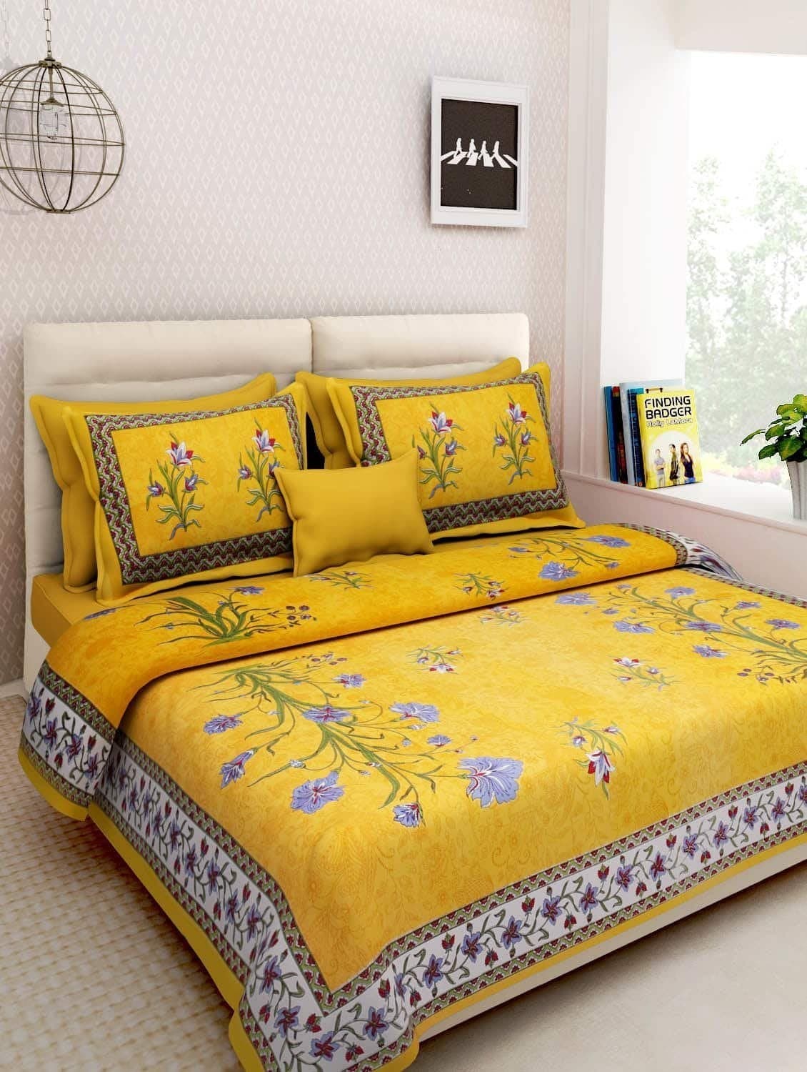 Monik Handicrafts Cotton King Size Jaipuri bedsheet with 2 Pillow Cover 90x108 Yellow