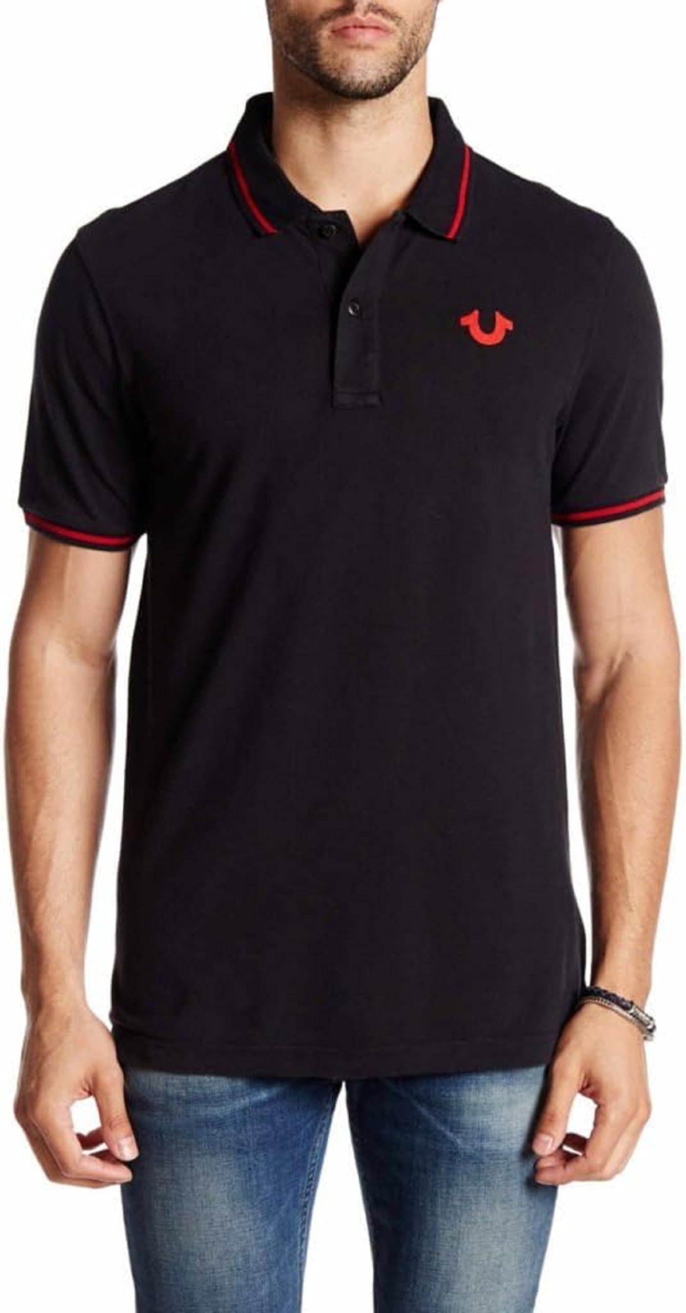 True Religion Men’s Crafted with Pride Polo Shirt – Polo Shirts for Men, Mens Polo Shirts Short Sleeve, Black with Red Piping, Large