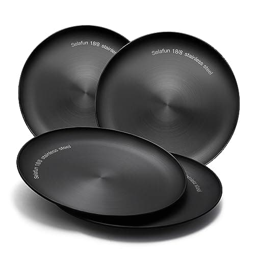 Selafun Stainless Steel Plates Metal 18/8 Round Dinner Plates - Set of 4 - Food-Grade Dishwasher Safe 9inch Salad Plates for Camping Kids Dining Outdoor (Black)