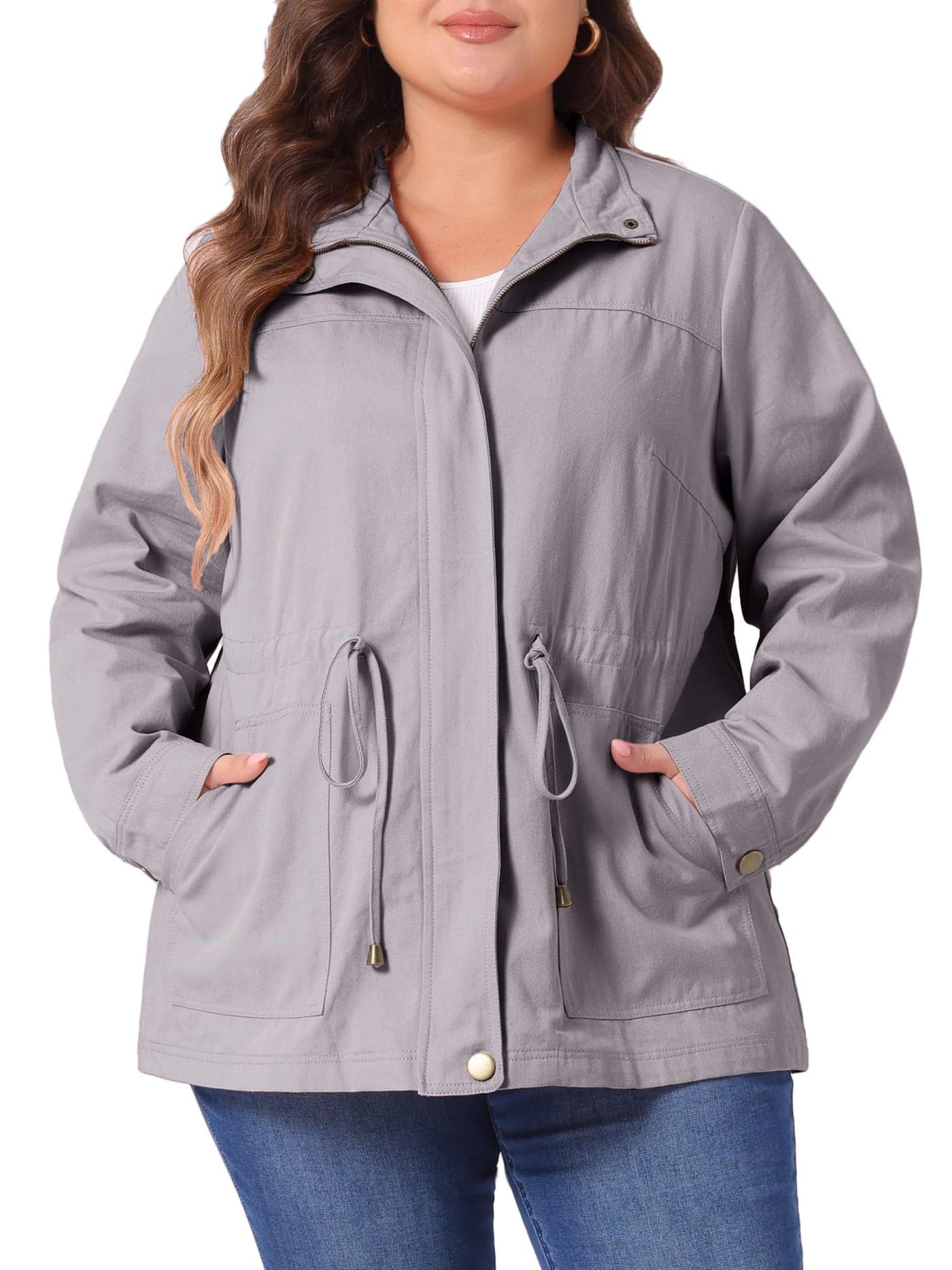 Agnes Orinda Womens Plus Size Jackets Lightweight Anorak Drawstring Utility Jacket with Pockets 4X Light Grey