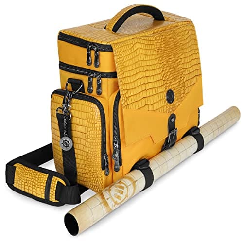 ENHANCE Collectors Edition RPG Adventurers DnD Bag Dragon Hide Exterior Travel RPG Bag with Tabletop Miniatures Storage Vault Mat Holder DnD Dice Token Pockets Fits 48 Books Dragon Gold