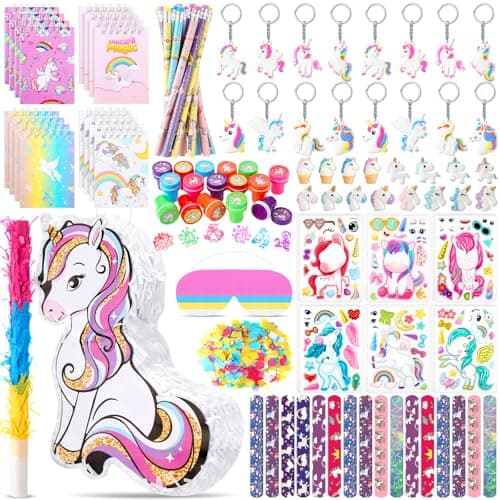 Spakon 113 Pcs Unicorn Piata Birthday Party Supplies Piata Set 16 Mini Notebook 16 Pencil 16 Keychain 16 Slap Bracelet 16 Mini Unicorn 16 Sticker 16 Stamp Party Supplies Gift