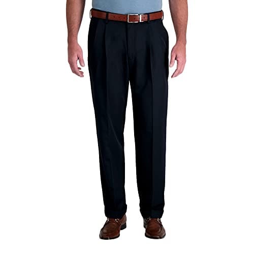 Haggar mens Mynx Gabardine Hidden Expandable Waistband Classic Fit Front Pleated Dress Pant, Navy, 44x32