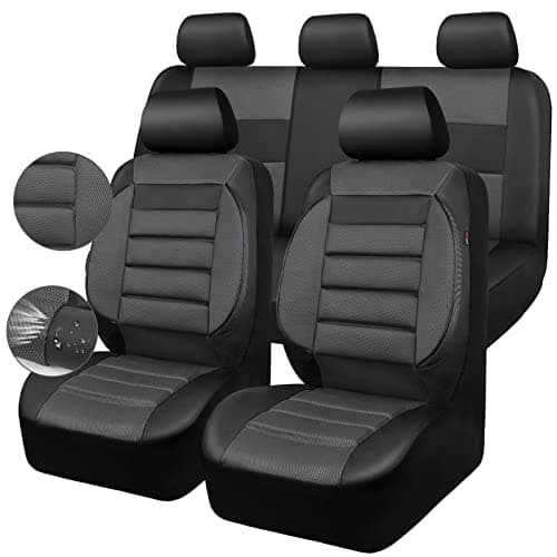 CAR PASS Leather 3D Foam Back Support Car Seat Covers Full Set Air Mesh Automotive Seat Covers All Season Car Seat Cover Fit AutomotiveSUVSedanVan Airbag Compatible Elegance Black Charcoal Gray