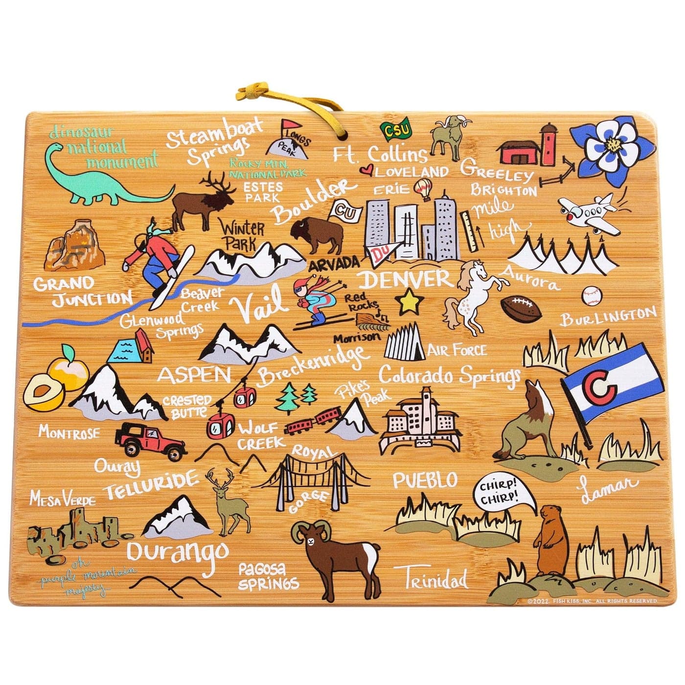 Totally Bamboo Colorado State Shaped Cutting Board and Charcuterie Serving Platter with Artwork by Fish Kiss Includes Hang Tie for Wall Display
