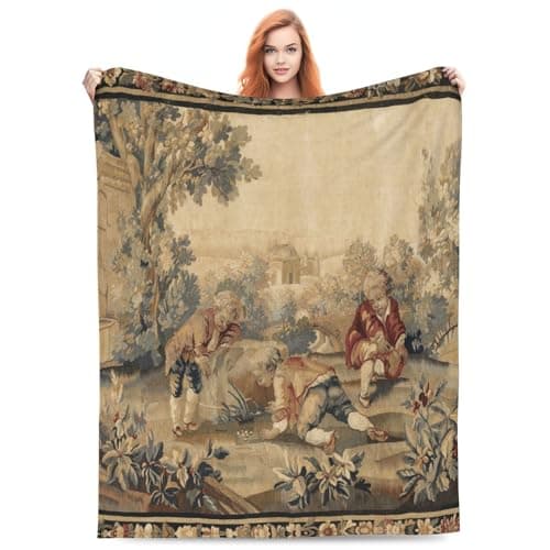Aubusson Antique French Tapestry Throw Blanket Blanket Lightweight Cozy Soft Flannel Fleece Blanket for Home Bedding Living Room Traveling Camping 40"X50"