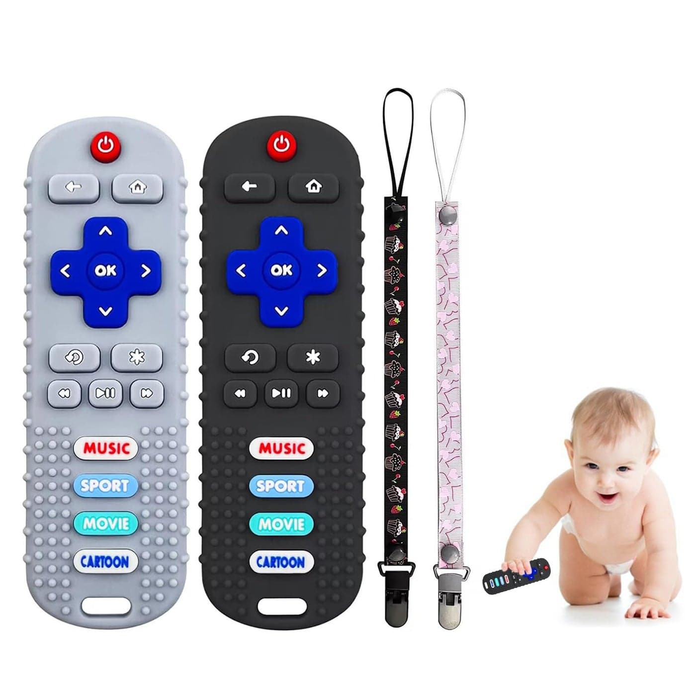 2Pack Baby Remote Control Teether Toy for Babies 636 Months Silicone Infant Teething Toys Boys Girls Infants Teething Toys Black Gray