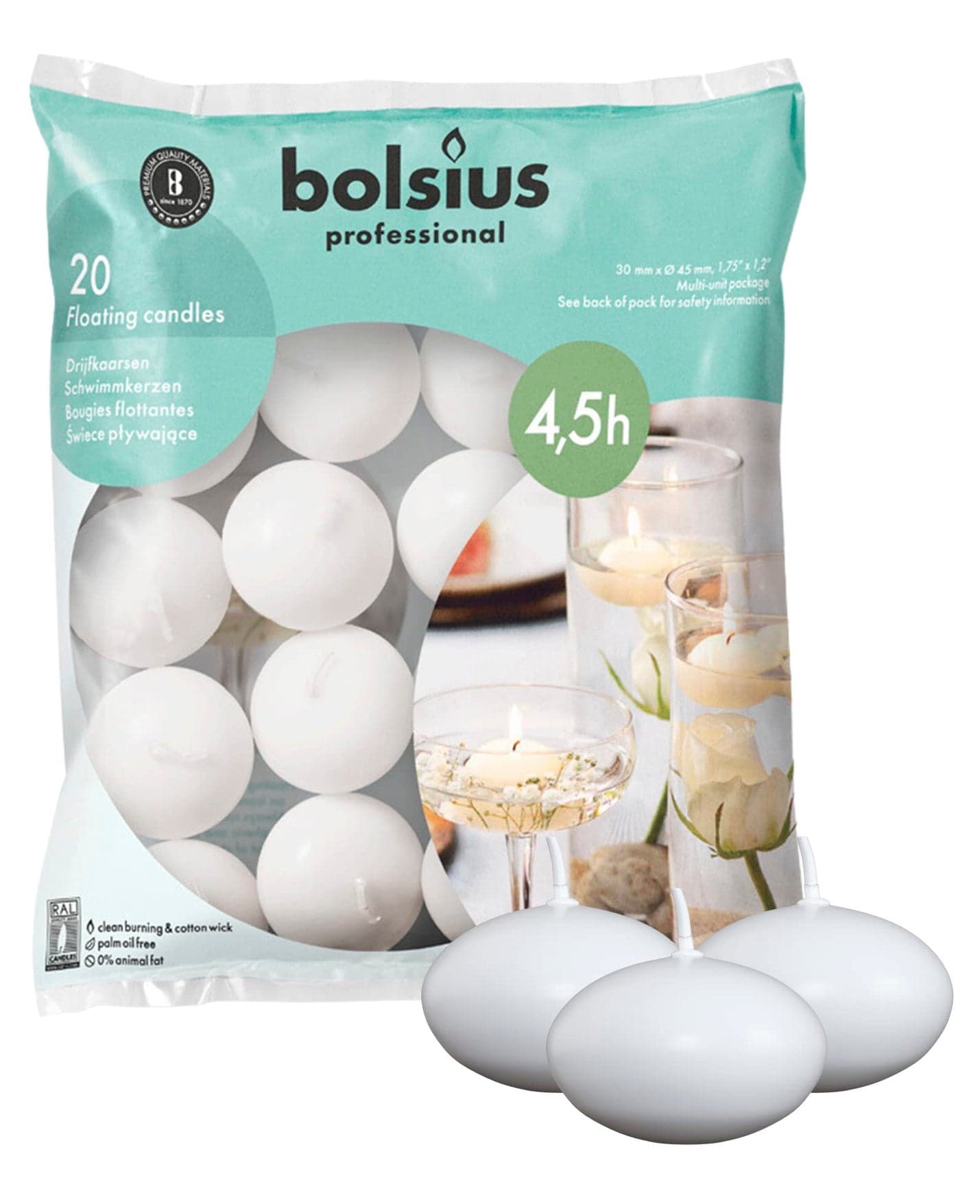 Bolsius White Floating Candles 20 Count 175 Inch 5 Hour Long Lasting Candle Set Romantic Decoration for Special Night Pool Party Wedding Cylinder Vases for Centerpiece