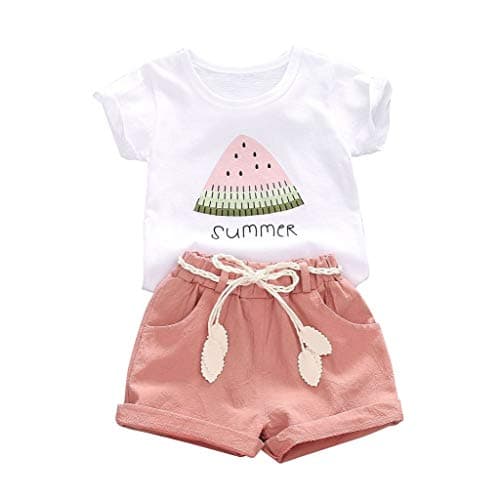 CM C&M WODRO Baby Toddler Girls Summer Shorts Sets Kids Watermelon Letter Print Tops Shorts Outfits Clothes for 1-4 Years Old (Pink, 3-4 Years(110))