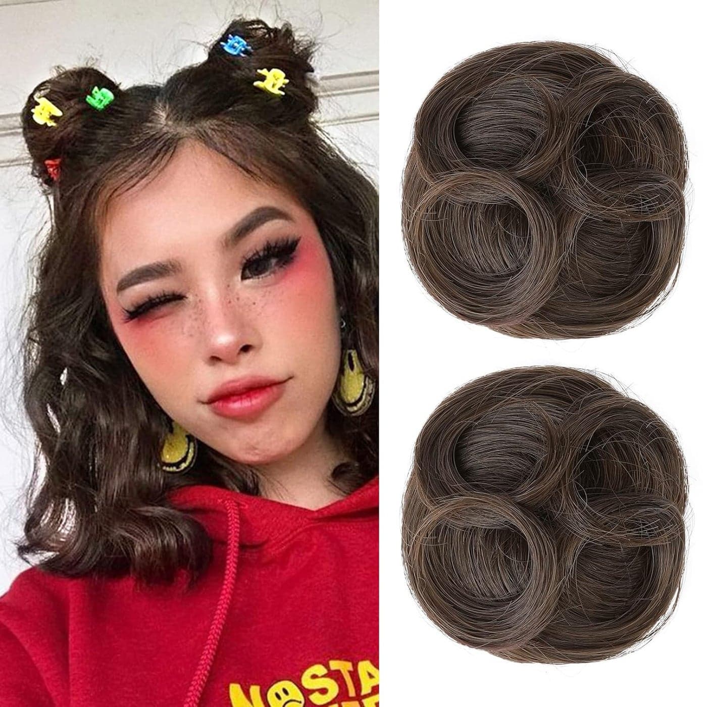 REECHO Space Bun Hair Pieces 2 PCS Mini Claw Clip in Messy Cat Ears Fake Hair Bun Extensions HB001 Wig Accessory Updo Hairpieces for Women Girls Pack of 235 Wavy Medium Ash Brown