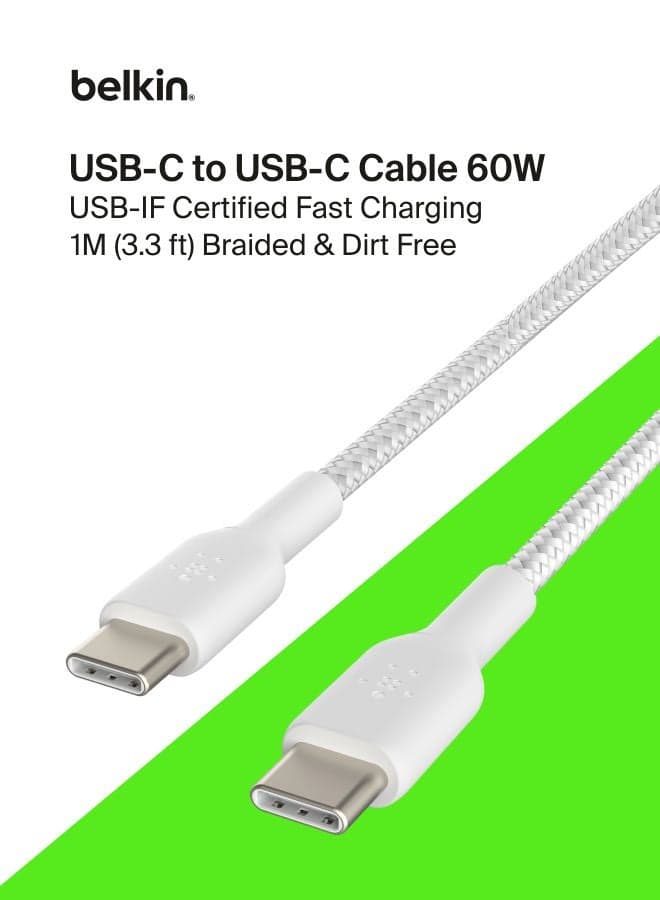 Belkin Braided USB-C to USB-C Cable (USB Type-C Fast Charge Cable for Samsung, Pixel, iPad Pro and More) - 1m,White White