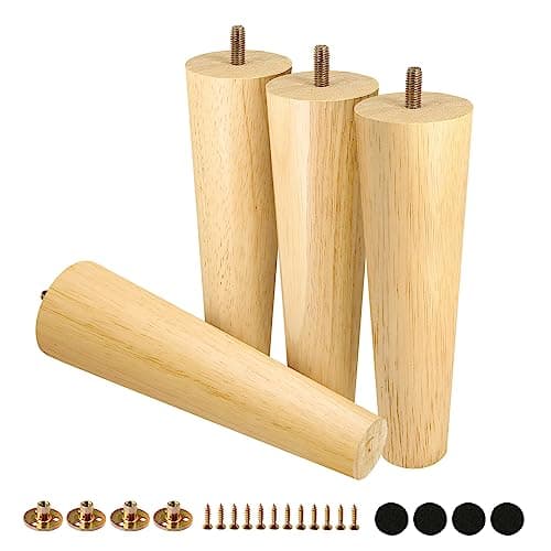 FoDau770 Rubber Wood Furniture Legs 8 Inches, Straight Tapered Wood Feet Mid Century Sofa Legs Set of 4, 5/16" UNC Furniture Feet Replacement Parts for Cabinet Couch Dresser Chair Ottoman Table
