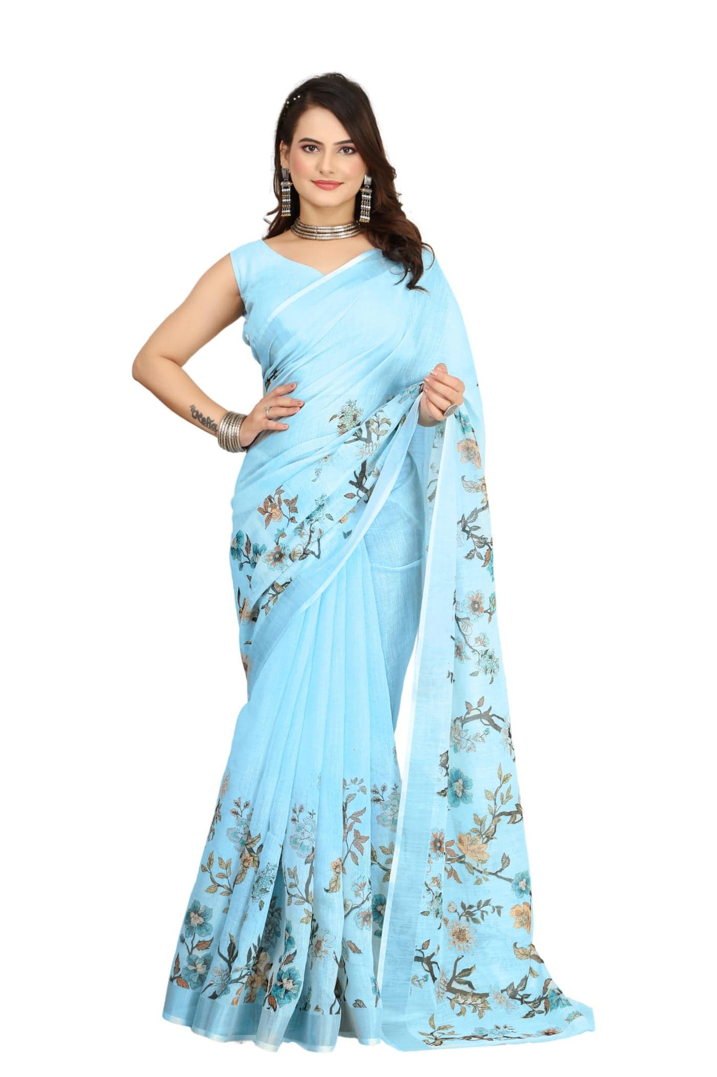 C J Enterprise Women’s Pure Soft Cotton Saree Linen For Kalamkari Silk Sarees Latest Party Design Wear Wedding Sadi With Blouse Piece sari south mulmul ikkat mul print 2024 New (Lilen) (Blue)
