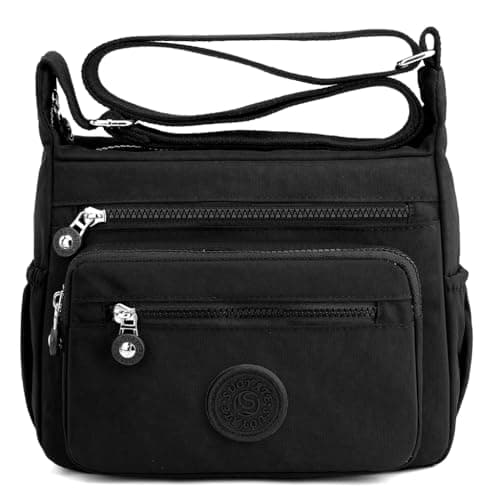 PALAY® Women Crossbody Bag Waterproof Nylon Multi-Layer Crossbody Bag Casual Satchel Shoulder Messenger Travel,Black
