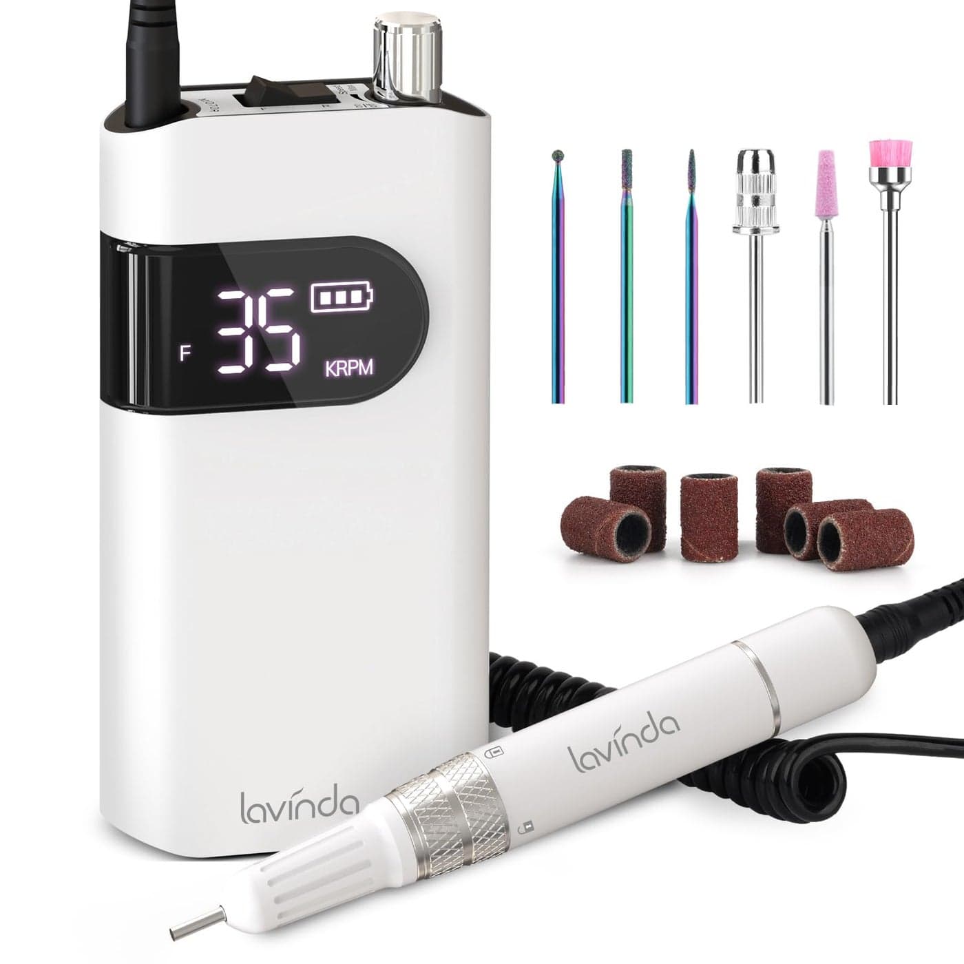 Lavinda Professional Nail Drill Machine 35000RPM Electric Nail File Cordless Rechargeable Nail Efile for Acrylic Gel Nails Manicure Pedicure Polishing Shape Tools for Salon Home UseWhite