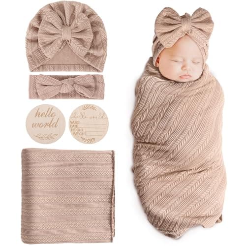 DRESHOW BQUBO Baby Swaddle Blankets for Girls 4PCS Newborn Accessories Set with Matching Hat and Bow Headband with Hello World Wooden Birth Announcement Card