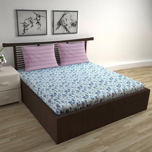 Divine Casa 144 TC 100% Pure Cotton Double Bed Bedsheet with 2 Pillow Covers | Soft & Durable for Everyday Use & Bedroom Decor | All-Season Comfort | Size 222 x 254 CM | Bloom Floral | Lavender Blue