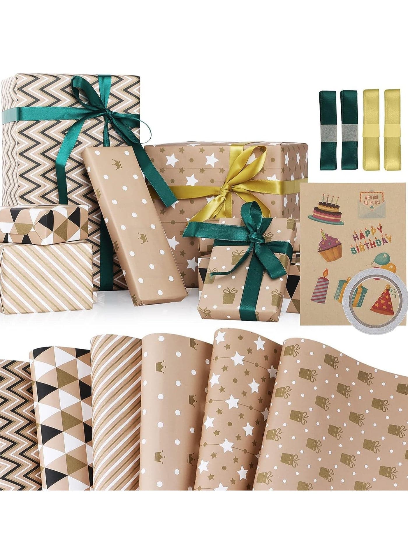 Gift Wrapping Paper Birthday with Pull Bow Ribbon Recyclable Kraft Double Sided Tape Sticker for Wedding DIY Craft Kraft