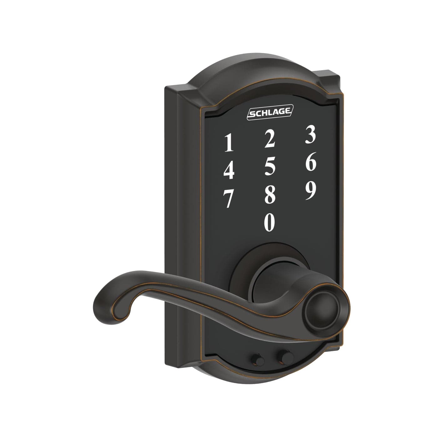 SCHLAGE Touch Camelot Lock with Flair Lever Aged Bronze FE695 CAM 716 FLA