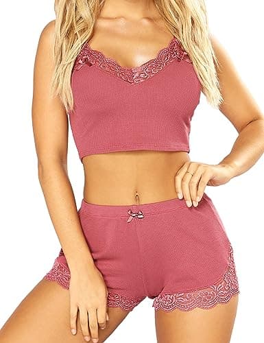 RSLOVE Women PJ Short Set Sexy Pajamas Lingerie Set Sleepwear Two-piece Outfit Pink M
