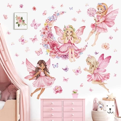 decalmile Pink Fairy Girls Wall Decals Flower Moon Butterfly Wall Stickers Girls Bedroom Baby Nursery Kids Room Wall Decor