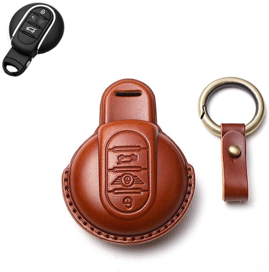 SANRILY Leather Key Fob Cover for BMW Mini Cooper 2016-2021 with Key Ring Holder - Brown