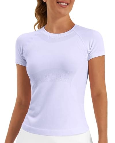 Stelle Women Workout Tops Short Sleeve Seamless Athletic Shirts Yoga Gym Sports Breathable Tees(Light Purple,S)