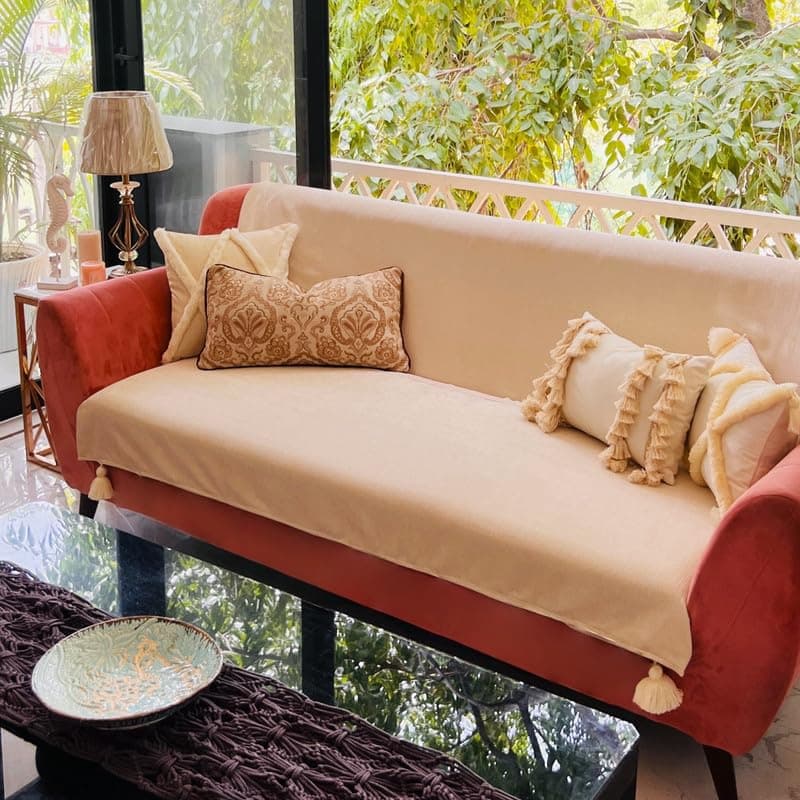 WWW.THROWPILLOW.IN Neutral 3 + 1 + 1 Corner Tassels Desginer Sofa Cover:Sofa Throw Living Room Home Decor, Antislip, Seat & Front Back Protection -Set of 3 Covers- Fits: 3+1+1 Seater