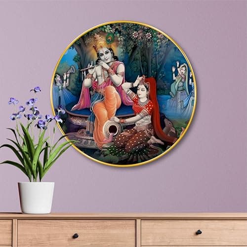 SAF Radha Krishna Round Wall Painting with Golden Frame | Divine Spiritual Wall Art for Home Décor | Traditional Hindu Religious Painting for Living Room Bedroom Pooja Room Gift (16 X 16 Inch) GRM-258