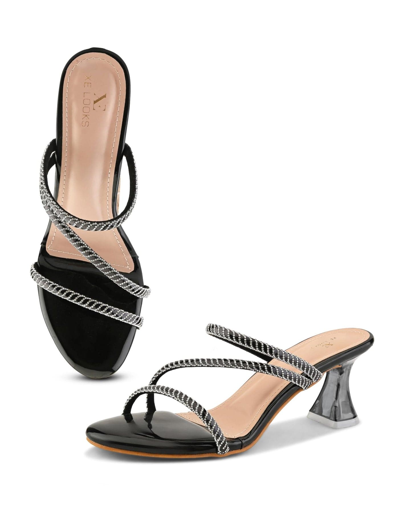 XE Looks Black Heels for Women | Glossy Finish | Criss-Cross Silver Embellished Straps | Comfortable Block Heel Sandals for Girls