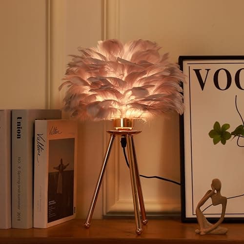 HOME ELEMENTS Feather,Metal Modern Shade Table Lamp with Tripod Stand,LED Night Lamp for Bedroom Living Room Home Decor Warm Light Classic Bedside Desk, Study, Nightstand Lamp(Light Grey)