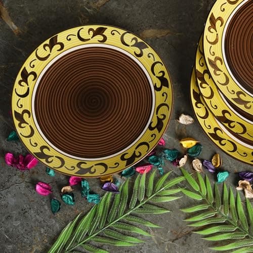 Caffeine Ceramic Handmade Stoneware Brown & Yellow Leaf Quarter Plate 7”(Set of 4 Dishwasher & Microwave Safe)