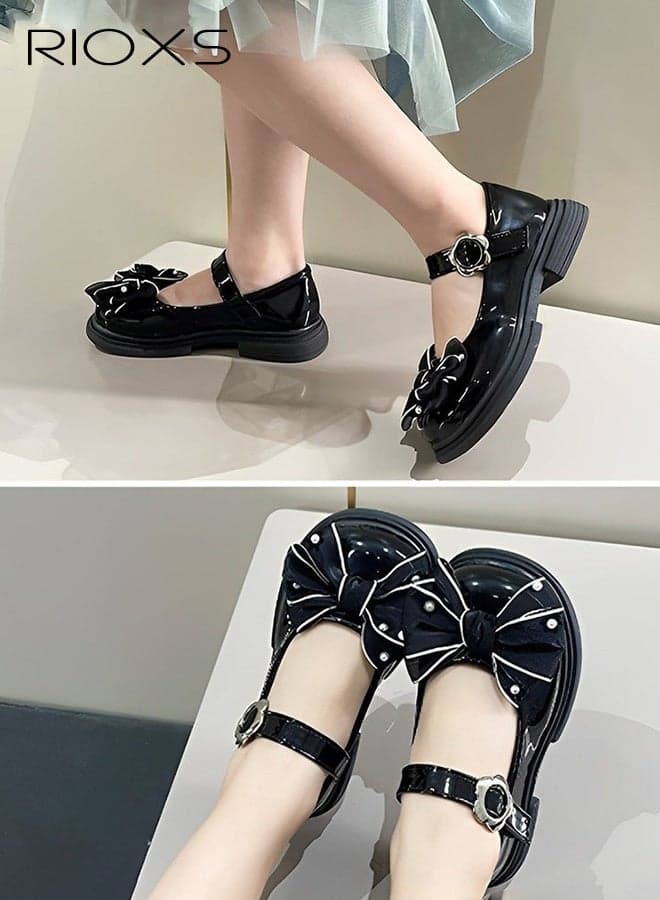Girl's Mary Jane Flats, Fashion Princess Shoes Dance Flats, Comfort Leather Shoes for Weeding Party, Bows Trim Ribbon Mary Jane Shoes, Little Girls Mary Jane Flats for School Uniform, Non-Slip Sole Slip-on Thick Loafers, Classic Black Patent Shoes