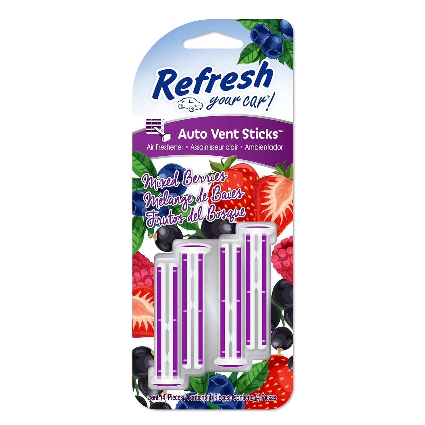 Car Air Freshener Odor Eliminator Set of 4 Auto Vent Sticks Mixed Berries Scent Refresh Your Car