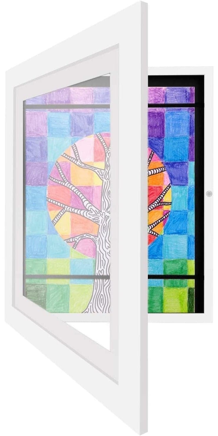 Kids Artwork Display Frame, A4 Size Front Opening Wooden Art Frame with Tempered Glass, Magnetic Door, Elastic Straps, Wall Mount for Children’s Paintings, Photos, Walnut (White)