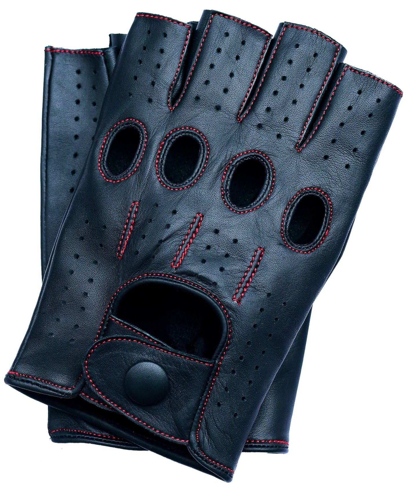 Riparo Motorsports Men's Fingerless Half Finger Driving Fitness Motorcycle Cycling Unlined Leather Gloves (Large, Black/Red Thread)